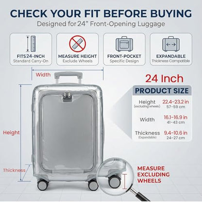 Clear Carry On Luggage Cover, Expandable Width, No Disassembly, 24 Inch with Front Pocket Zipper, PVC Plastic Material, Travel Waterproof Transparent Suitcase Protector - color: Expandable (Front Access Only), size: 24 inch (Right Handle)
