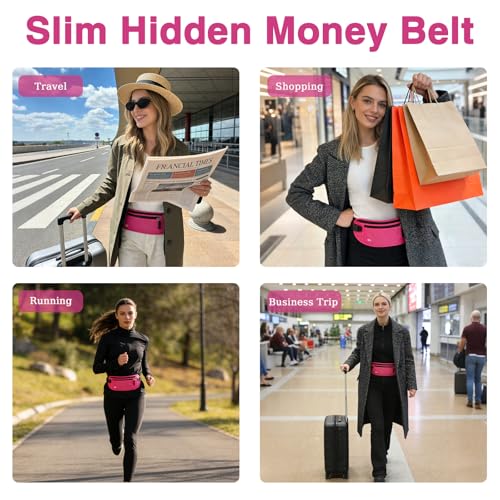 FuninCrea Waterproof Hidden Money Belt for Travel, Anti-Theft Belt Bag with RFID Blocking Function Adjustable Slim Waist Bag with 2 Zipper Pockets & 1 Back Pocket for Travel Running (B, Hot Pink) - color: B, Hot Pink