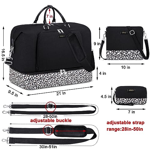 TIBES Travel Weekender Bag for Women, Overnight Bag with Shoe Compartment - color: Q- Black&Leopard