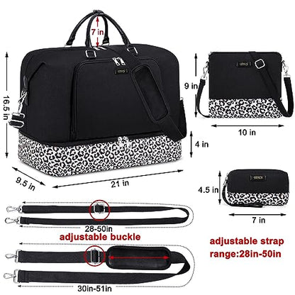 TIBES Travel Weekender Bag for Women, Overnight Bag with Shoe Compartment - color: Q- Black&Leopard