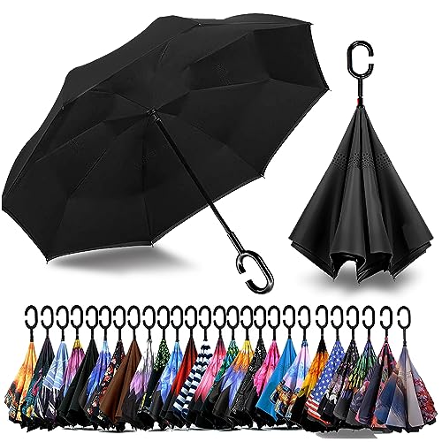 SIEPASA 49/56 Inch Inverted Reverse Upside Down Umbrella, Extra Large Double Canopy Vented Windproof Waterproof Stick Golf Umbrellas with C-shape Handle. - color: Black, size: 56 Inch