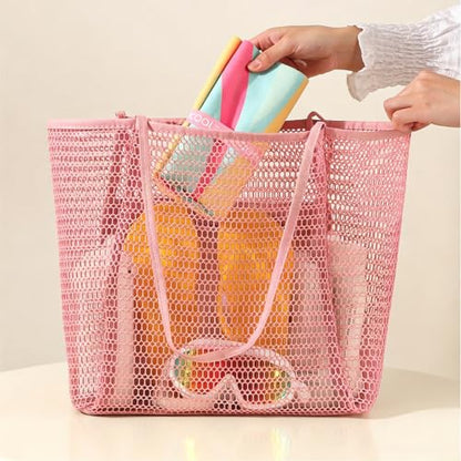 Large Beach Bags for Women, Mesh Beach Tote with Zipper, Foldable Pool Tote Bag Travel Beachbag Waterproof Sandproof - color: Pink