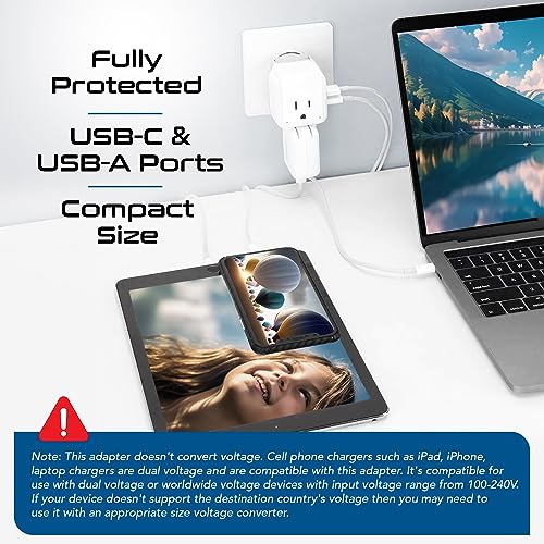 Ceptics 20W European Travel Plug Adapter, 2 USA Outlets, USB-C & USB-A - color: Pure White