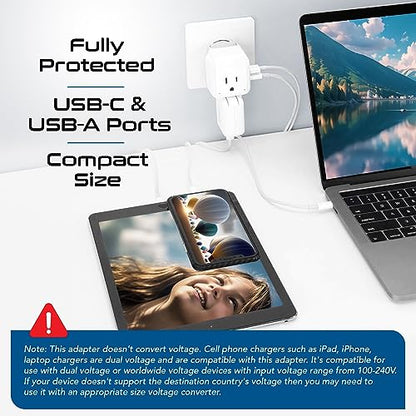 Ceptics 20W European Travel Plug Adapter, 2 USA Outlets, USB-C & USB-A - color: Pure White