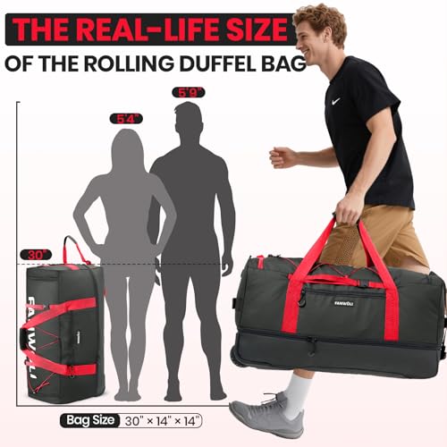 Fanwoli 120L Rolling Duffle Bag with Wheels, Foldable Travel Duffel - color: Red