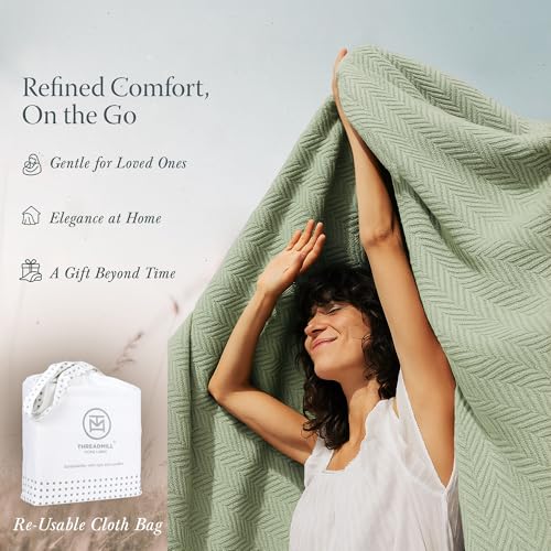 Threadmill Luxury 100% Cotton Twin Herringbone Blanket, Sage Green - color: Sage Green, size: Twin (68" x 92")