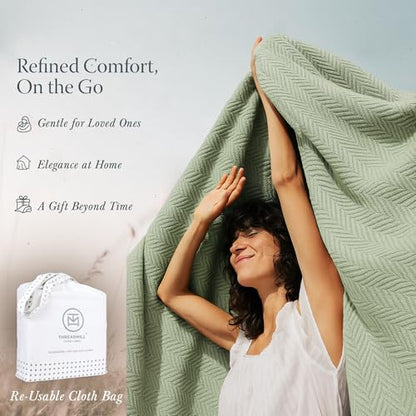 Threadmill Luxury 100% Cotton Queen Herringbone Blanket, Sage Green - color: Sage Green, size: Queen (90" x 92")