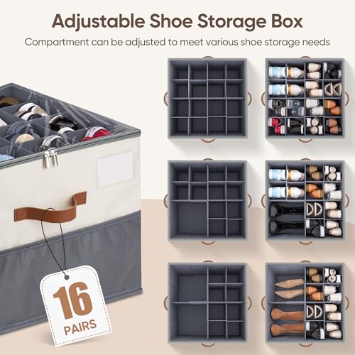 Shoe Organizer for Closet, Adjustable Storage Box Holds 32 Pairs - color: Beige & Grey