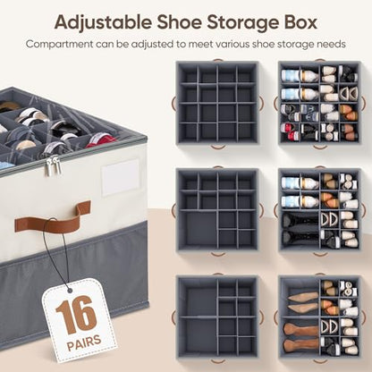 Shoe Organizer for Closet, Adjustable Storage Box Holds 32 Pairs - color: Beige & Grey