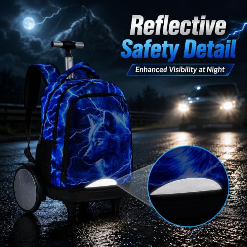 20 Inches Large Wheels Rolling Backpack for Boys with Detachable, 3Pcs Kids Lightning Wolf Wheeled Backpack Set for Elementary School (Blue) - color: Lightning Wolf (Large Wheels)