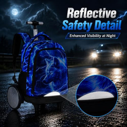 20 Inches Large Wheels Rolling Backpack for Boys with Detachable, 3Pcs Kids Lightning Wolf Wheeled Backpack Set for Elementary School (Blue) - color: Lightning Wolf (Large Wheels)