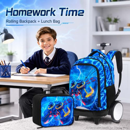 KLFVB Big Quiet-Glide Wheels Roller Bag, 3-in-1 Rolling Backpack Set with Lunch Bag | Water-Resistant Wheeled Bookbag for Boys, School, Travel, Play - Lightning Game Controller - color: Rolling Backpack With Big Wheels - Lightning Game
