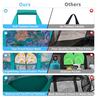 KABAQOO Mesh Beach Bag, Extra Large Beach Bags with 9 Pockets & Zipper Waterproof Lightweight Beach Tote for Beach/Pool Trip - color: Flower, size: X-Large