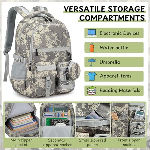 School Backpack for Boys - 5pcs Camo Boys Backpack with Lunch Box Set for Kids Teens Elementary Middle High School,18″ Large Capacity Students Bookbag - color: Gray-backpack Set