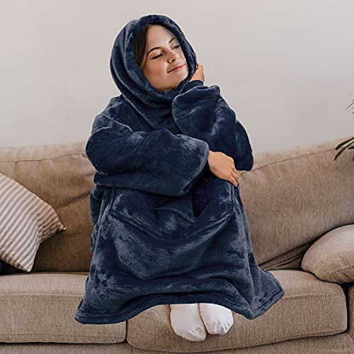 PAVILIA Wearable Blanket Hoodie Women Men, Oversized Hooded Sweatshirt - color: Navy, size: Fleece