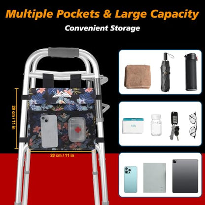 supregear Walker 사이드 백, 접이식 워커용 방수 액세서리 바스켓 파우치, 경량 핸즈프리 보관 캐리어 토트, 범용 사이즈 노인 캐디 부착물, 블랙 보태니컬 플로럴 - color: 블랙 보태니컬 플로럴
