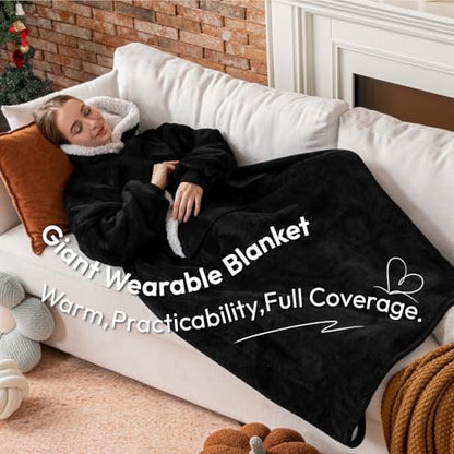 Sioloc Wearable Blanket Hoodie for Women/Kids/Men, Oversized & Cozy Sherpa Lined Hoodie Sweatshirt Blanket(Black,Oversized) - color: Black, size: Oversized