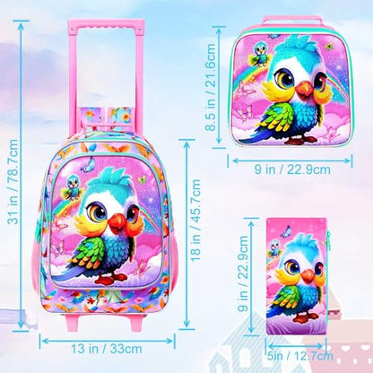 WZLVO 4PCS Rolling Backpack for Girls, Kids Roller School Bookbag with Lunch Bag, Water Resistant Wheeled Backpacks for Teens Elementary Trave - color: Pink Parrot