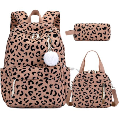3PCS Corduroy Girls Backpack w/ Lunch Box & Pencil Bag (Brown Leopard) - color: Brown Leopard