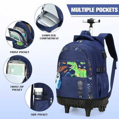 ACESAK 3PCS Rolling Backpack for Boys Children, Boys Backpack with Wheels - color: Dinosaur
