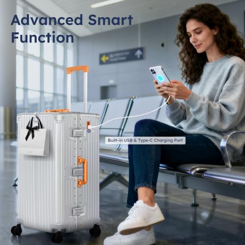 ALPHA CAMP Trunk Luggage 26 Inch with Aluminum Frame Zipperless Suitcase - color: Silver Orange, size: 26 Inch