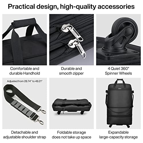 Hanke Suitcases with Wheels Expandable Foldable Luggage Bag Suitcase Collapsible Rolling Travel Bag Duffel Bag for Men Women Lightweight Suitcases without Telescoping Handle, Black - color: Black
