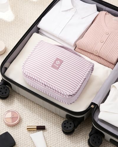 Narwey Small Hanging Travel Toiletry Bag for Women, Cosmetic Makeup Bag - color: Y-Dusty Pink Stripe