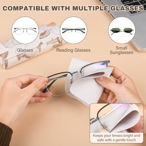 Glasses Case Hard Shell, PU Leather Floral Eyeglass Case | Sturdy Metal Frame, Secure Magnetic Closure, Compact & Lightweight, Fits Small & Slim Glasses, Cleaning Cloth Included - color: Cream