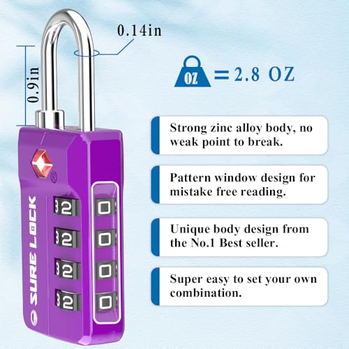 SURE LOCK TSA-Approved 4-Digit Resettable Combination Lock with Open Alert, Easy-Read Dials - for Luggage, School Lockers, Gym, Office, Toolbox & Security Cases (Dark Purple 2 Locks) - color: Dark PURPLE 2 PACK