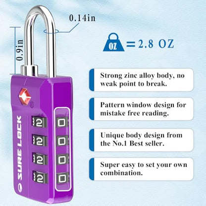 SURE LOCK TSA-Approved 4-Digit Resettable Combination Lock with Open Alert, Easy-Read Dials - for Luggage, School Lockers, Gym, Office, Toolbox & Security Cases (Dark Purple 2 Locks) - color: Dark PURPLE 2 PACK