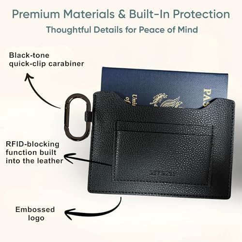 Passport Holder – Slim RFID Blocking Leather Passport Wallet with Built-In RFID Protection & Black-Tone Carabiner, Travel Essentials (BLACK - Clip Carabiner) - color: 3. Jet Black