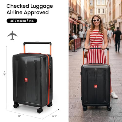 26" Luggage w/TSA LOCK,PC Hardshell Wide Handle Suitcase - color: Black, size: Checked-Medium 26-Inch
