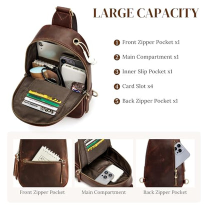 S-ZONE Leather Sling Bags for Women Men Fanny Packs Chest Bag RFID Blocking - color: Dark Brown