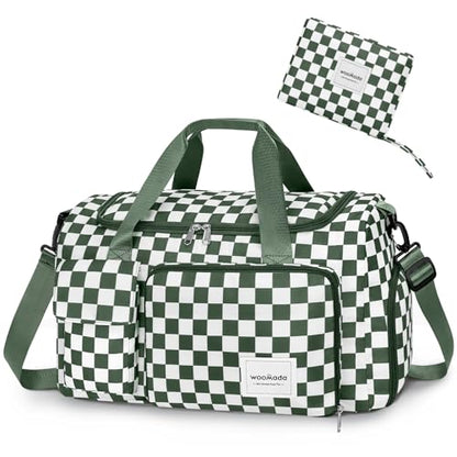 WOOMADA Foldable Travel Duffel Bag for Women, Weekender Bags with Shoes Compartment,Overnight Bag with Wet Pocket & Trolley Sleeve(green checkerboard) - color: green checkerboard