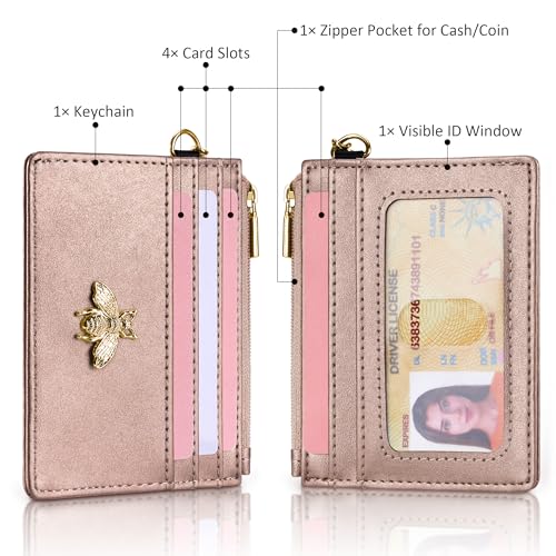 SEAVILIA Card Holder Keychain Wallet for Women with ID Window RFID Coin Purse Bee Gifts Slim Minimalist Small Wallet - color: Rose Gold