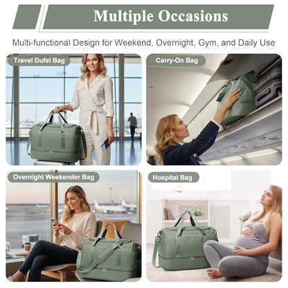 Large Travel Duffle Bag,Carry-on Overnight Weekender Bags for Women - color: Green with Toiletry Bag