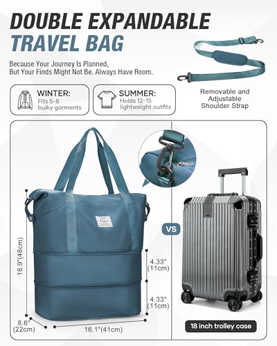 Foldable Travel Bag Expandable Duffle Bag for Women Men, Large Weekend Bags - color: Peacock Blue