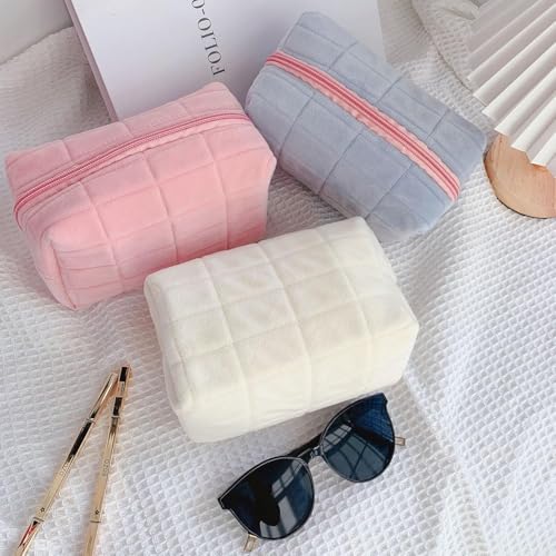 2PCS Makeup Cosmetic Bag Small Checkered Pouch Make Up Purse Bag Y2k Accessories - color: Pink White