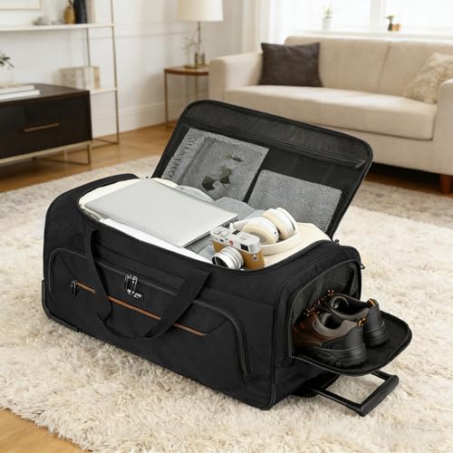 Large Rolling Duffle Bag with Wheels and Handle 85L 29 inch Travel Duffel Bag for Men Women with Shoe Compartment & Wet Pocket, 2 Wheeled Checked Luggage for Business Travel Long Trips, Black - color: Black