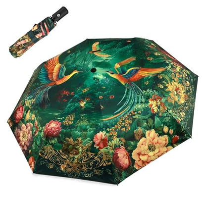 Windproof Travel Umbrella Folding Compact Automatic Umbrellas for Women Men Rain Sun - color: Flower and Birds