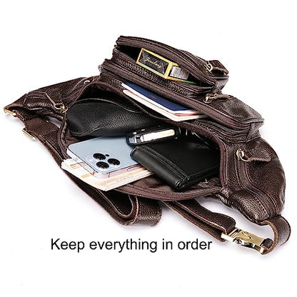 Genuine Leather Fanny Pack large capacity Crossbody Waist Bag with Zipper phone Pockets coffee - color: Coffee