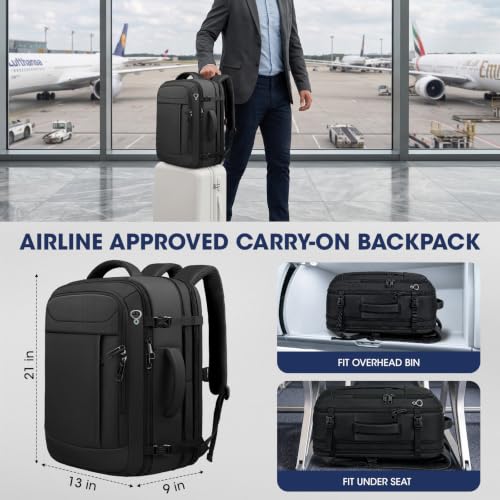 Travel Backpack,40L 50L Expandable Big Carry On Backpack Airplane Approved - color: Black, size: 17.3 inch (21"x13"x9")