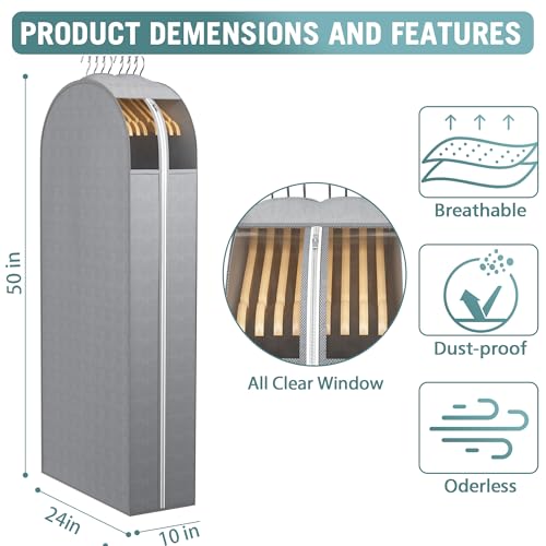 Liuoud 10" Gusseted Garment Bags for Hanging Clothes with Clear Window, 50” - color: Grey with window, size: 50 inch