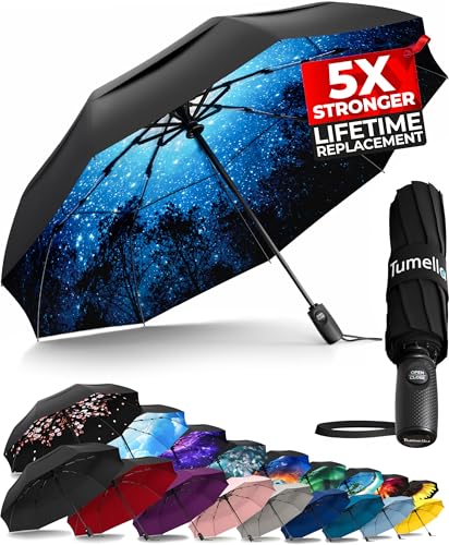TUMELLA Strongest Windproof Travel Umbrella (Compact, 100MPH Wind-Tested), Light, Portable, One-Handed Use, Automatic Folding Rain Umbrella, Durable, Premium Grip, Fits Car & Backpack - color: 1-Moonlight
