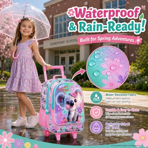 UFNDC 4PCS Rolling Backpack for Girls, Cute Kids Koala Wheeled Bookbag，Roller School Bag with Wheels for Elementary Preschool Travel - color: UV Printing Koala Pink Rolling Backpack