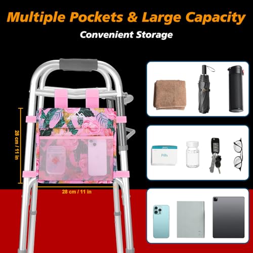 supregear Walker 사이드 백, 접이식 워커용 방수 액세서리 바스켓 파우치, 경량 핸즈프리 보관 캐리어 토트, 범용 사이즈 노인 캐디 부착물, 핑크 플로럴 - color: 핑크 플로럴.