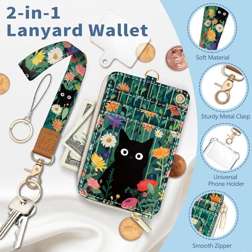 Lanyard Wallet with Id Badge Holder Keychain for Card Women Cat - color: Cat Flower Green