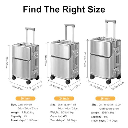 Carry on suitcase Zipperless Luggage,Polycarbonate Aluminum Hard Shell, Expandable Carry-On Suitcase with Spinner Wheels, 26 Inch Cabin - color: silver, size: 26 inch