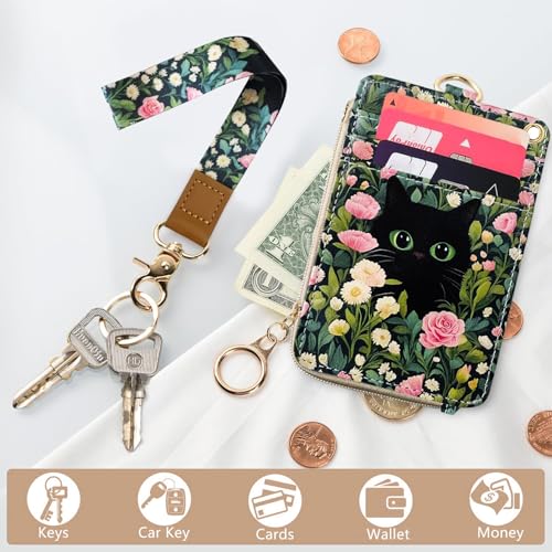 2-in-1 ID Badge Holder & Lanyard Wallet Cute Women Leather Zip ID Case Wallet with Breakaway Wrist Neck Lanyard, Clear Window, 5 Card Slots, Ring Keychain for Worker Teacher Floral Halloween Black Cat - color: Flower Black Cat
