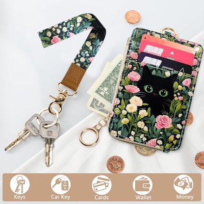 2-in-1 ID Badge Holder & Lanyard Wallet Cute Women Leather Zip ID Case Wallet with Breakaway Wrist Neck Lanyard, Clear Window, 5 Card Slots, Ring Keychain for Worker Teacher Floral Halloween Black Cat - color: Flower Black Cat